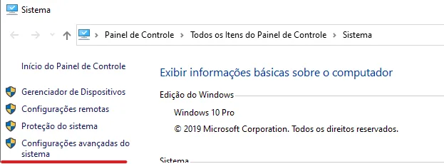 Selecionando as configurações avançadas do sistema