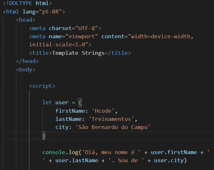Script de um objeto simples em JavaScript no Visual Studio Code