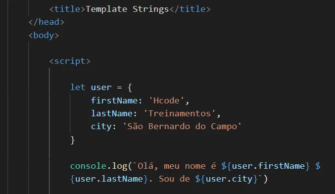 Exemplo do código JavaScript com Template String