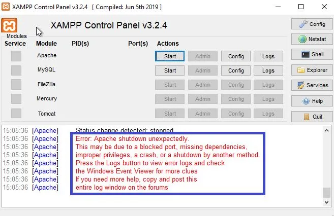 Erro no Painel de Controle do XAMPP 3.2.4