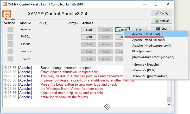 Acessar o httpd.conf no Painel de Controle do XAMPP 3.2.4