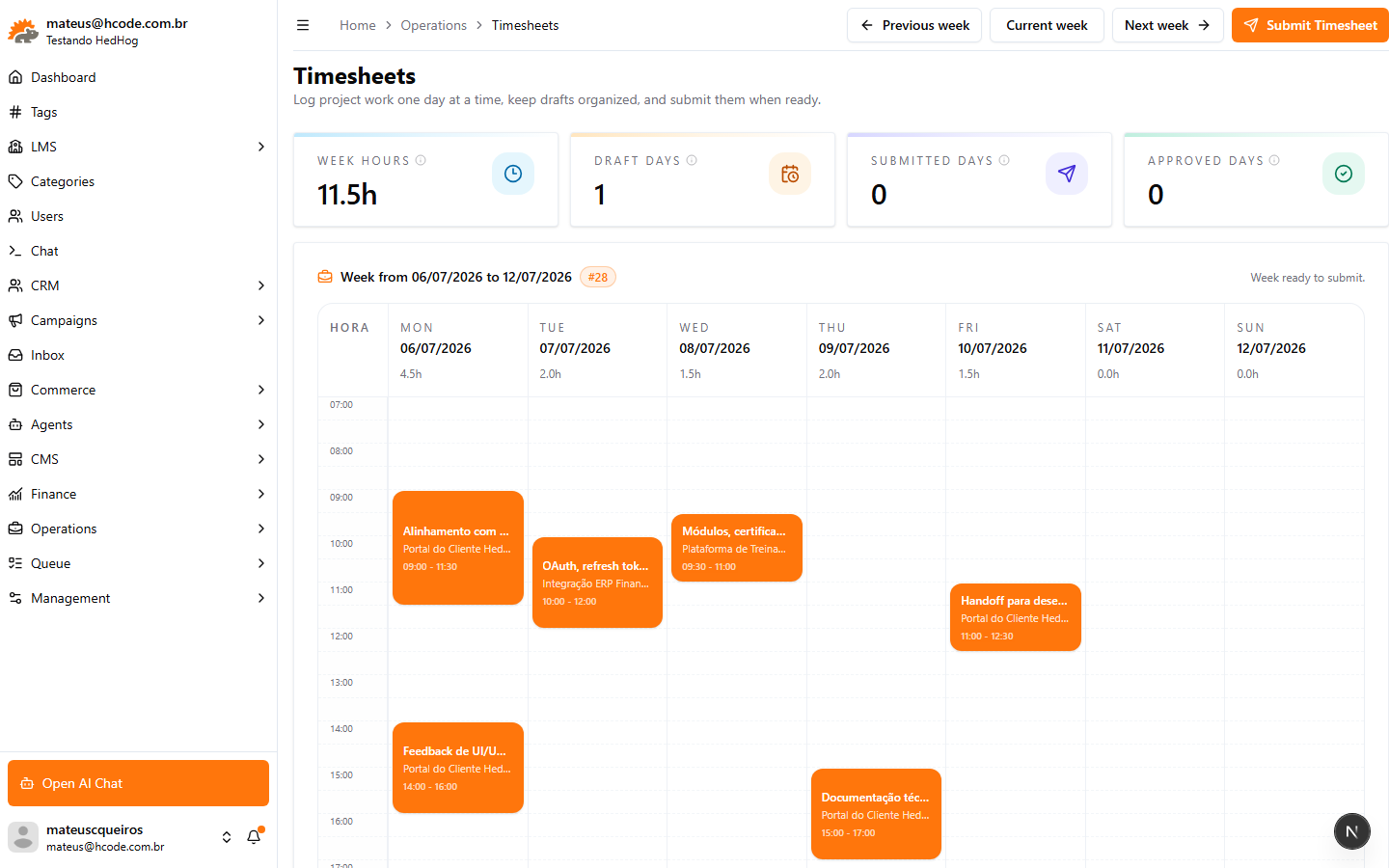HedHog — Apontamento de horas
